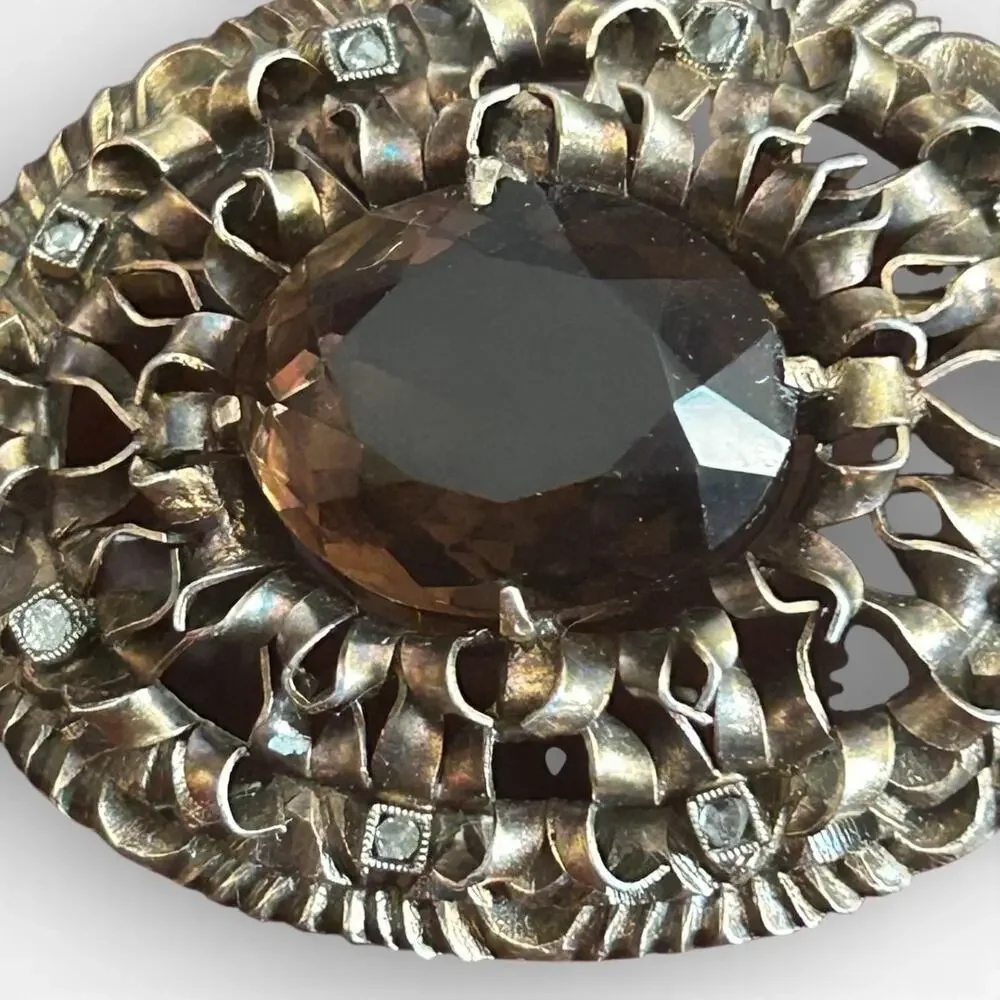Victorian Smoky Glass Brooch – Gold Tone Openwork, Paste Accents